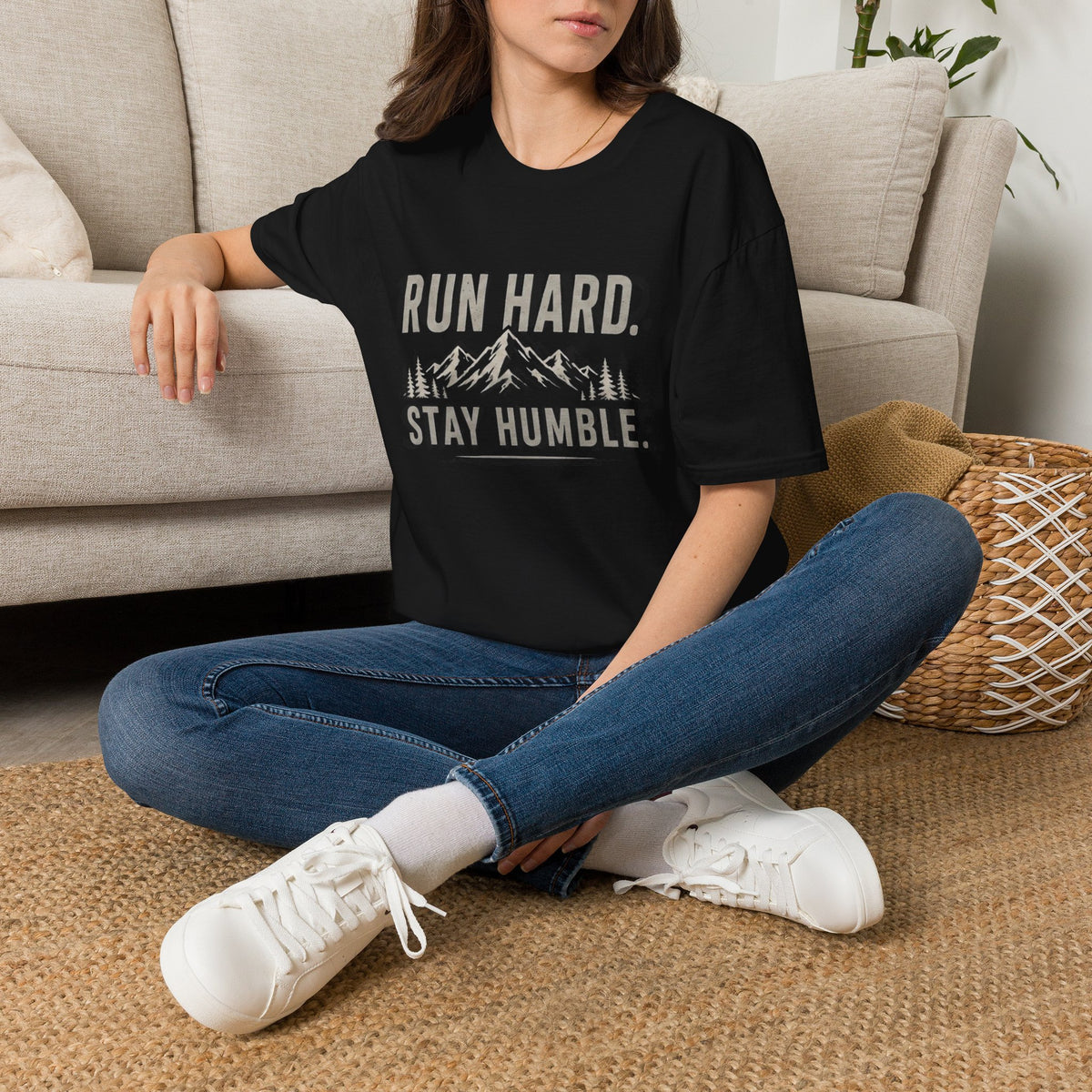 Run Hard Stay Humble Mountain T‑Shirt — Motivational Running Tee