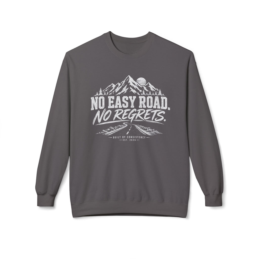 No Easy Road, No Regrets Crewneck Sweatshirt — Mountain Adventure Graphic