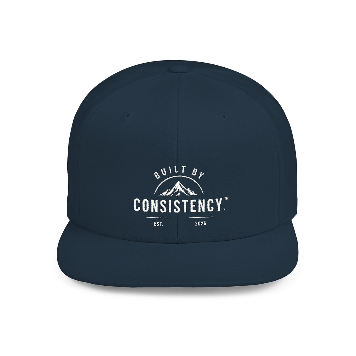 Built by Consistency Flat Bill Snapback Hat — Mountain Logo Adjustable Trucker Cap