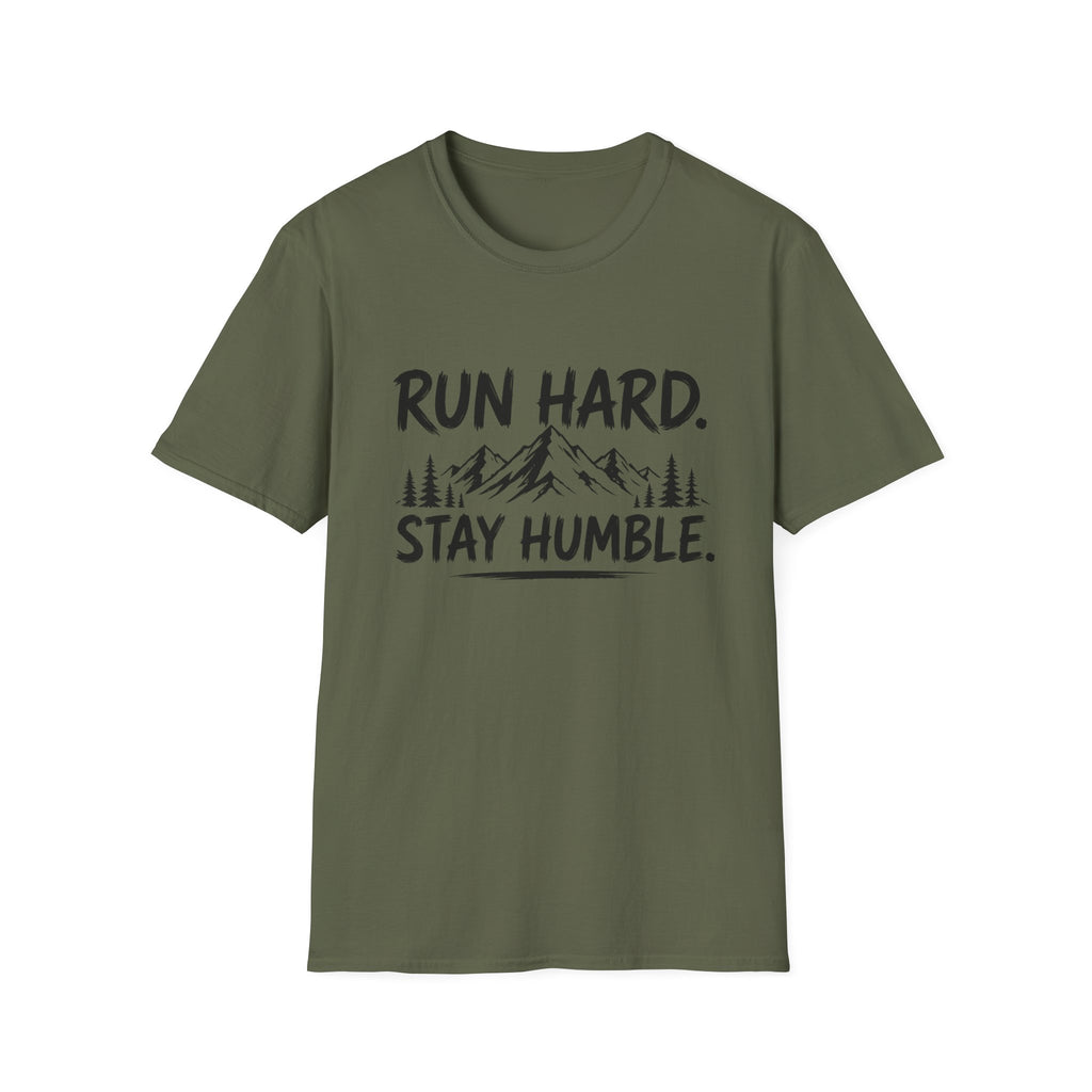 Run Hard Stay Humble Mountain T‑Shirt — Motivational Running Tee