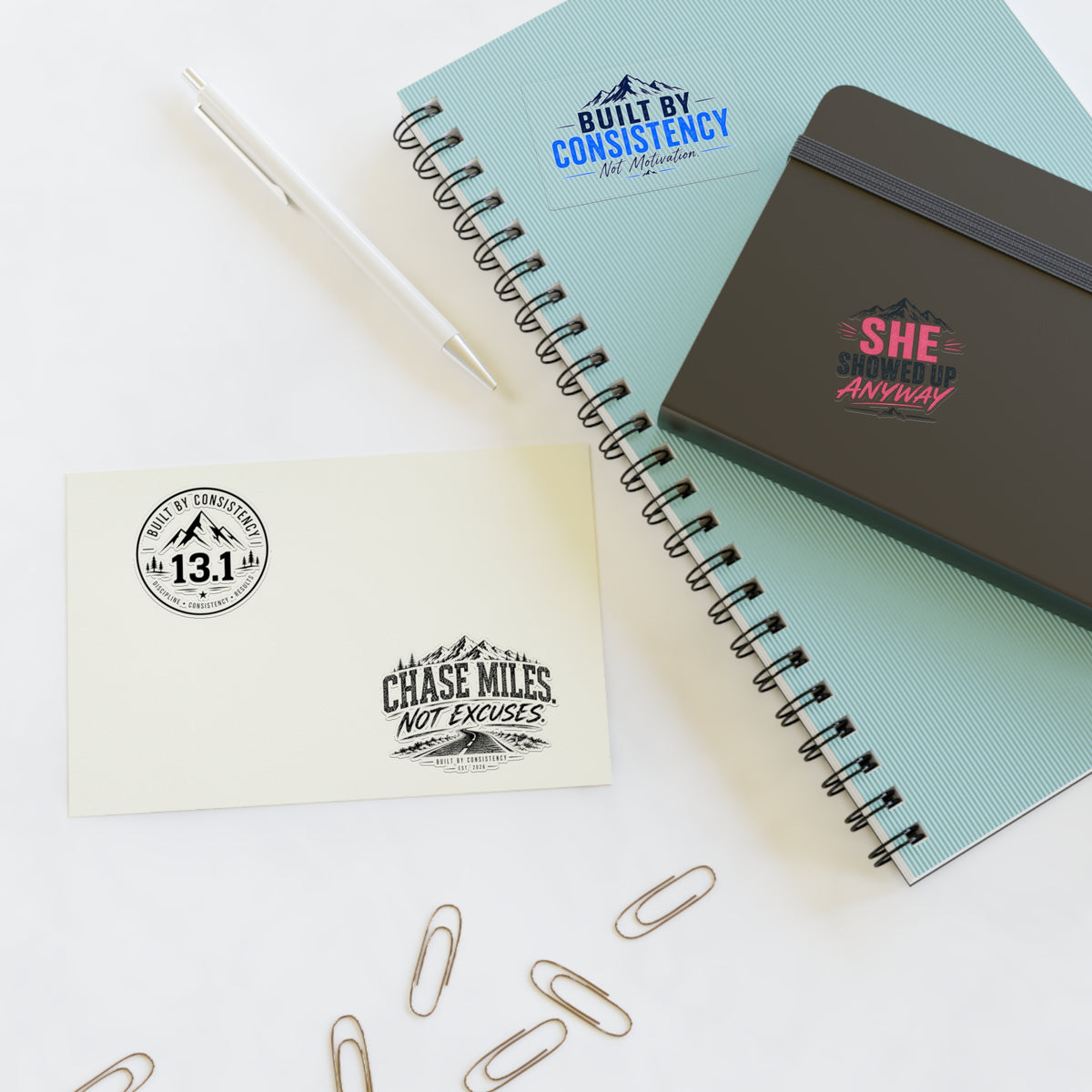 Motivational Running Sticker Sheet — “Built by Consistency”, 13.1, She Showed Up Anyway