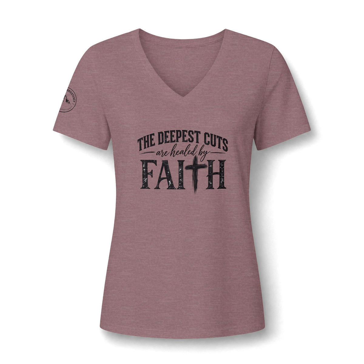 Faith V-Neck Tee – “The Deepest Cuts Are Healed by Faith” Inspirational Women’s Shirt
