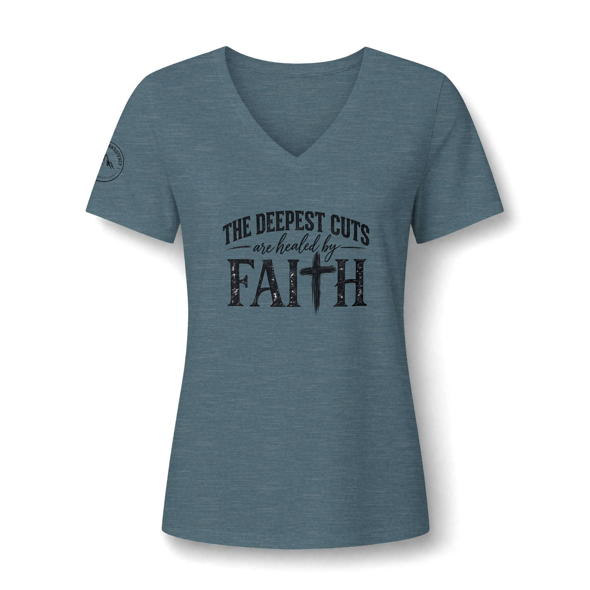 Faith V-Neck Tee – “The Deepest Cuts Are Healed by Faith” Inspirational Women’s Shirt