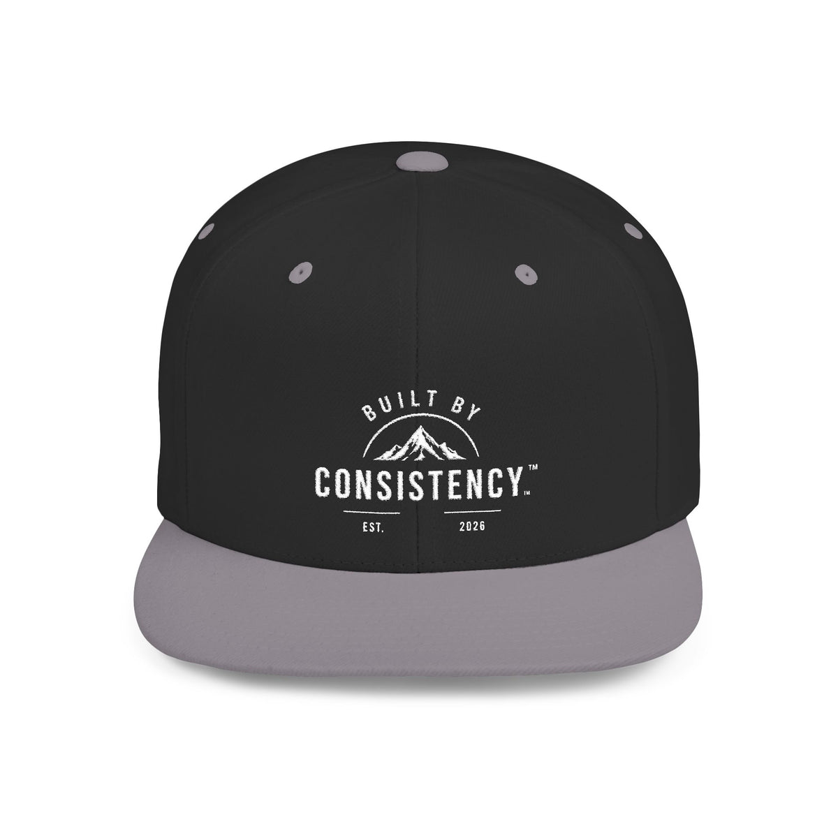 Built by Consistency Flat Bill Snapback Hat — Mountain Logo Adjustable Trucker Cap
