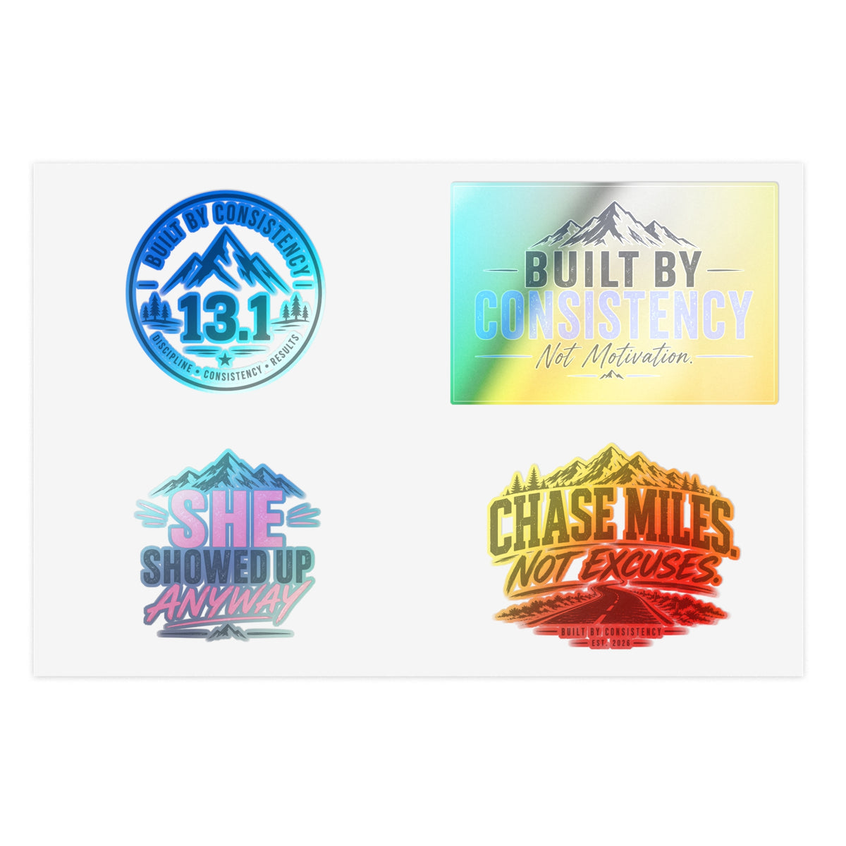 Motivational Running Sticker Sheet — “Built by Consistency”, 13.1, She Showed Up Anyway