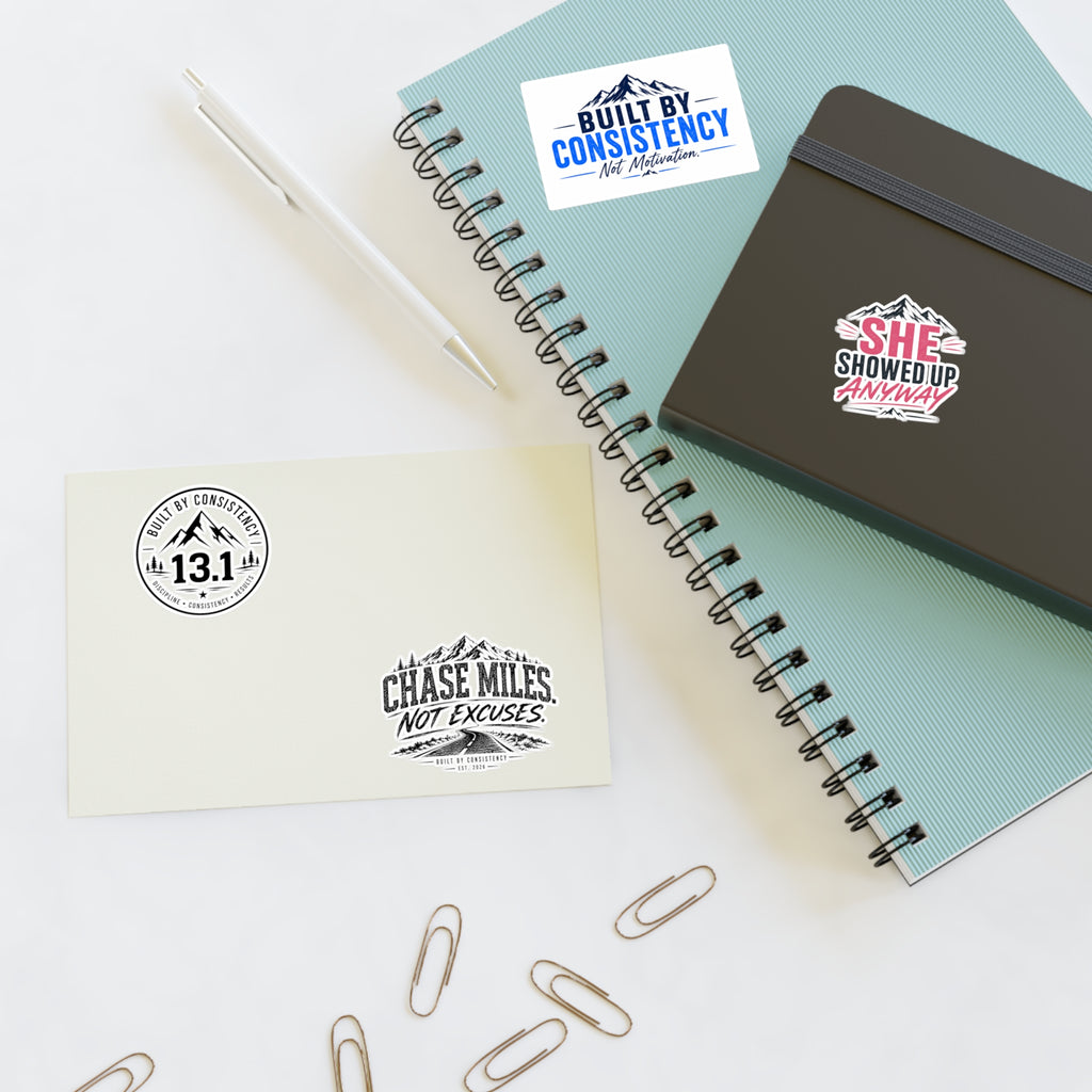Motivational Running Sticker Sheet — “Built by Consistency”, 13.1, She Showed Up Anyway