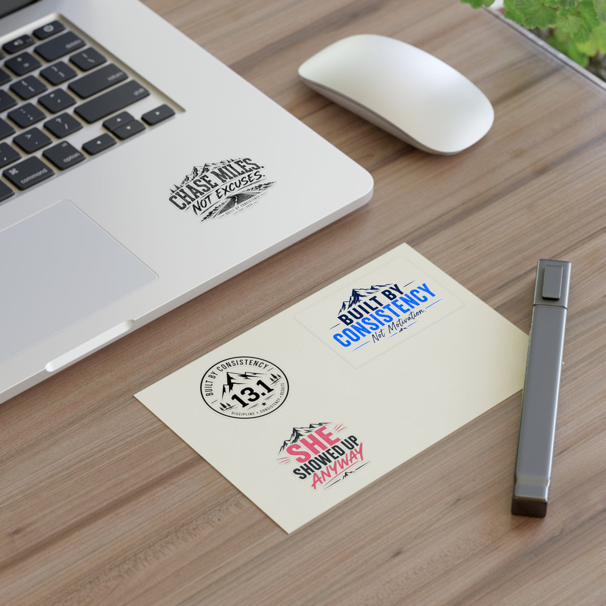 Motivational Running Sticker Sheet — “Built by Consistency”, 13.1, She Showed Up Anyway