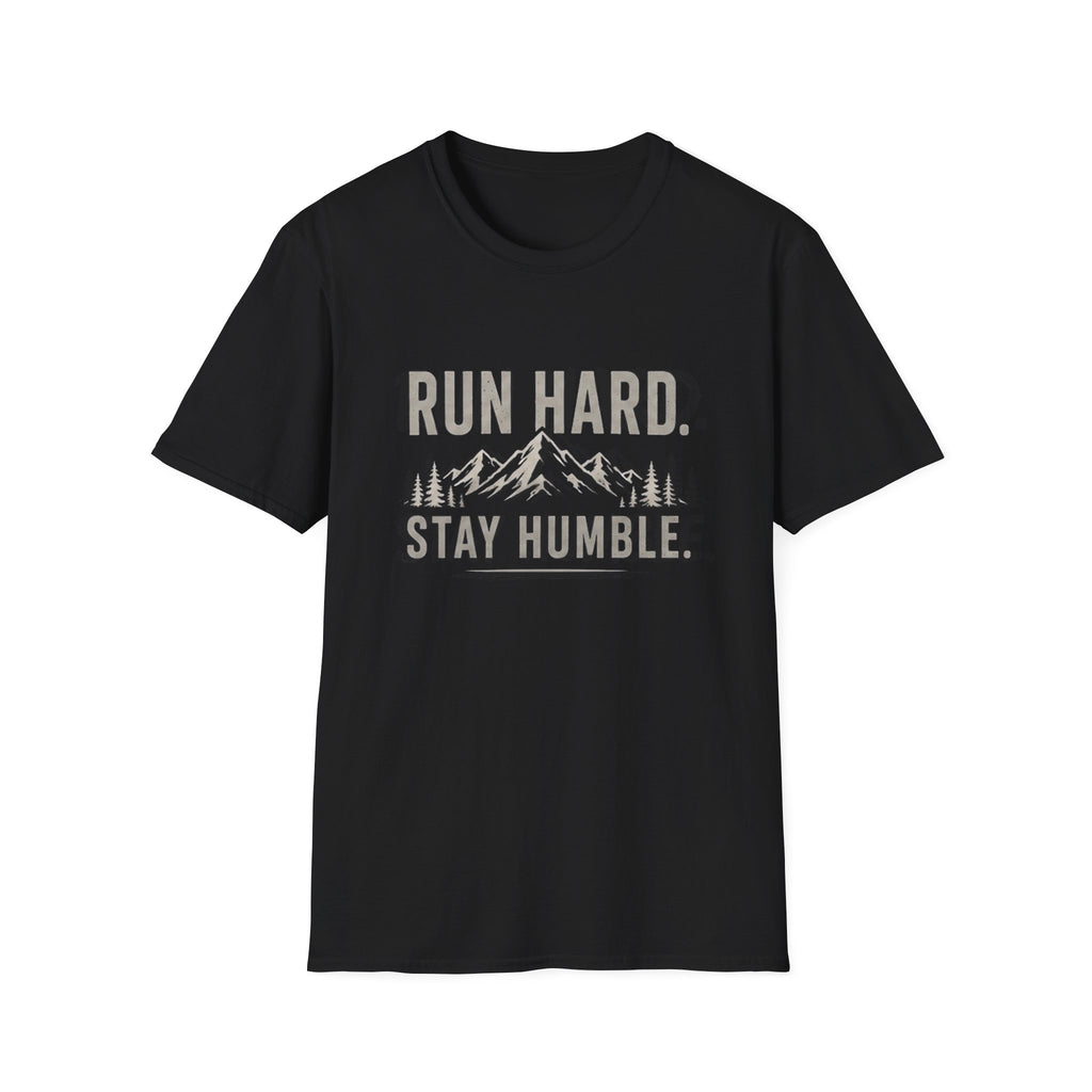 Run Hard Stay Humble Mountain T‑Shirt — Motivational Running Tee