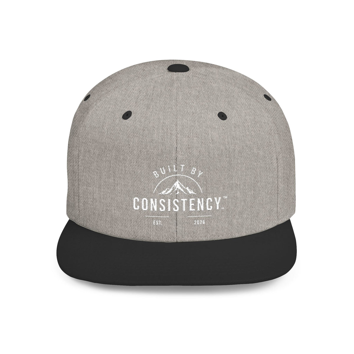 Built by Consistency Flat Bill Snapback Hat — Mountain Logo Adjustable Trucker Cap