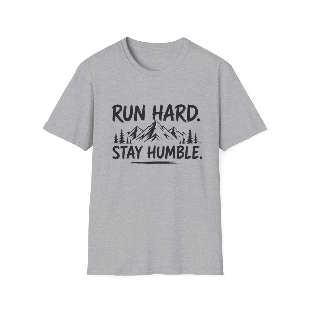 Run Hard Stay Humble Mountain T‑Shirt — Motivational Running Tee