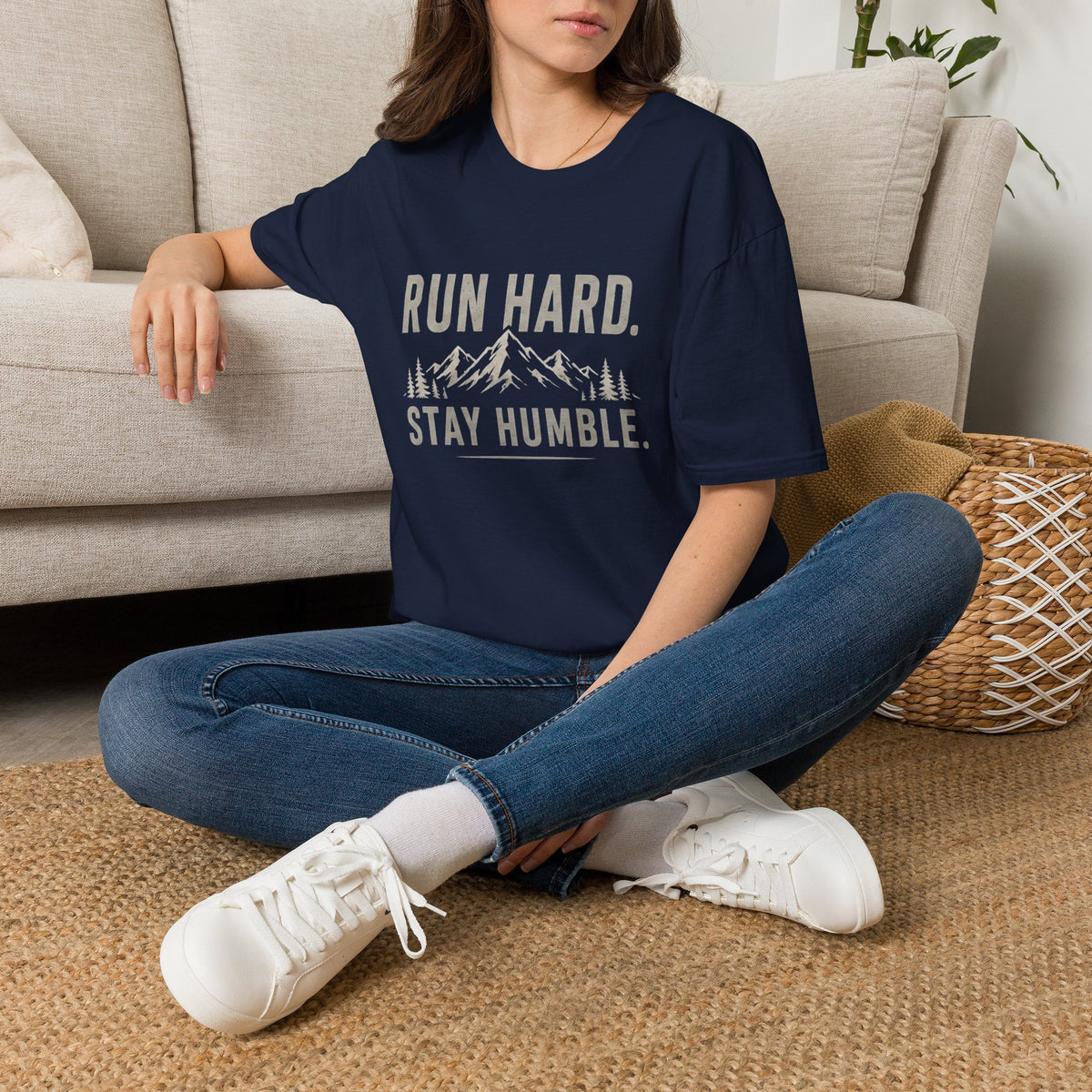 Run Hard Stay Humble Mountain T‑Shirt — Motivational Running Tee