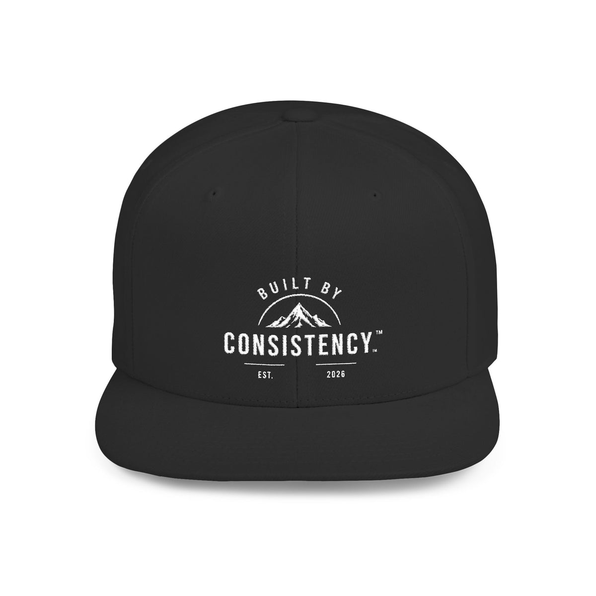 Built by Consistency Flat Bill Snapback Hat — Mountain Logo Adjustable Trucker Cap