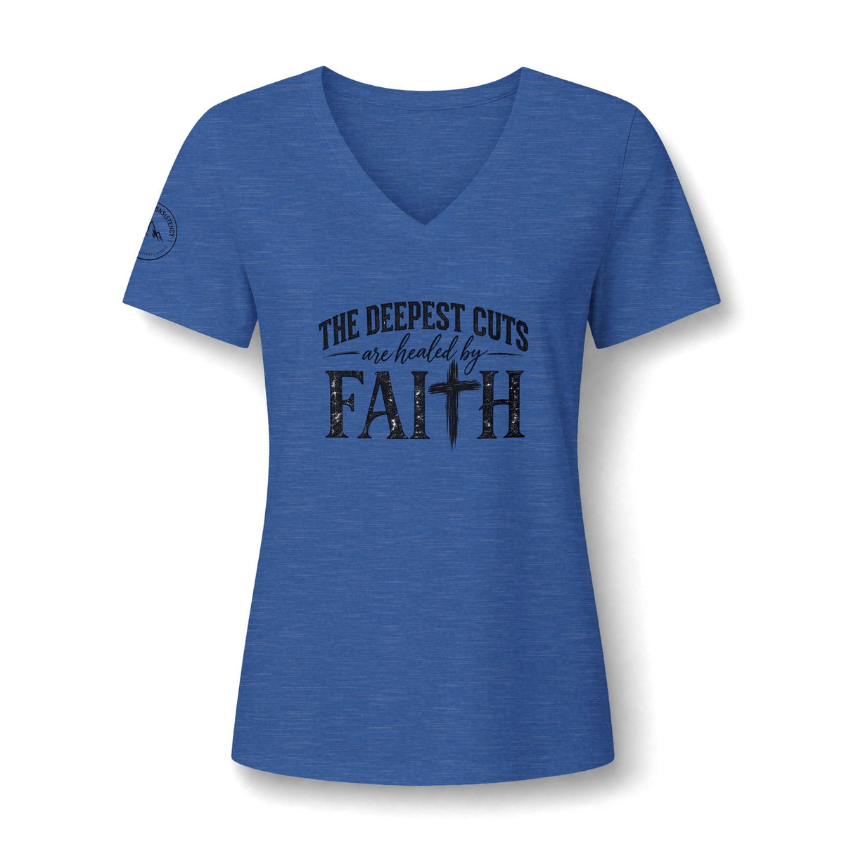 Faith V-Neck Tee – “The Deepest Cuts Are Healed by Faith” Inspirational Women’s Shirt