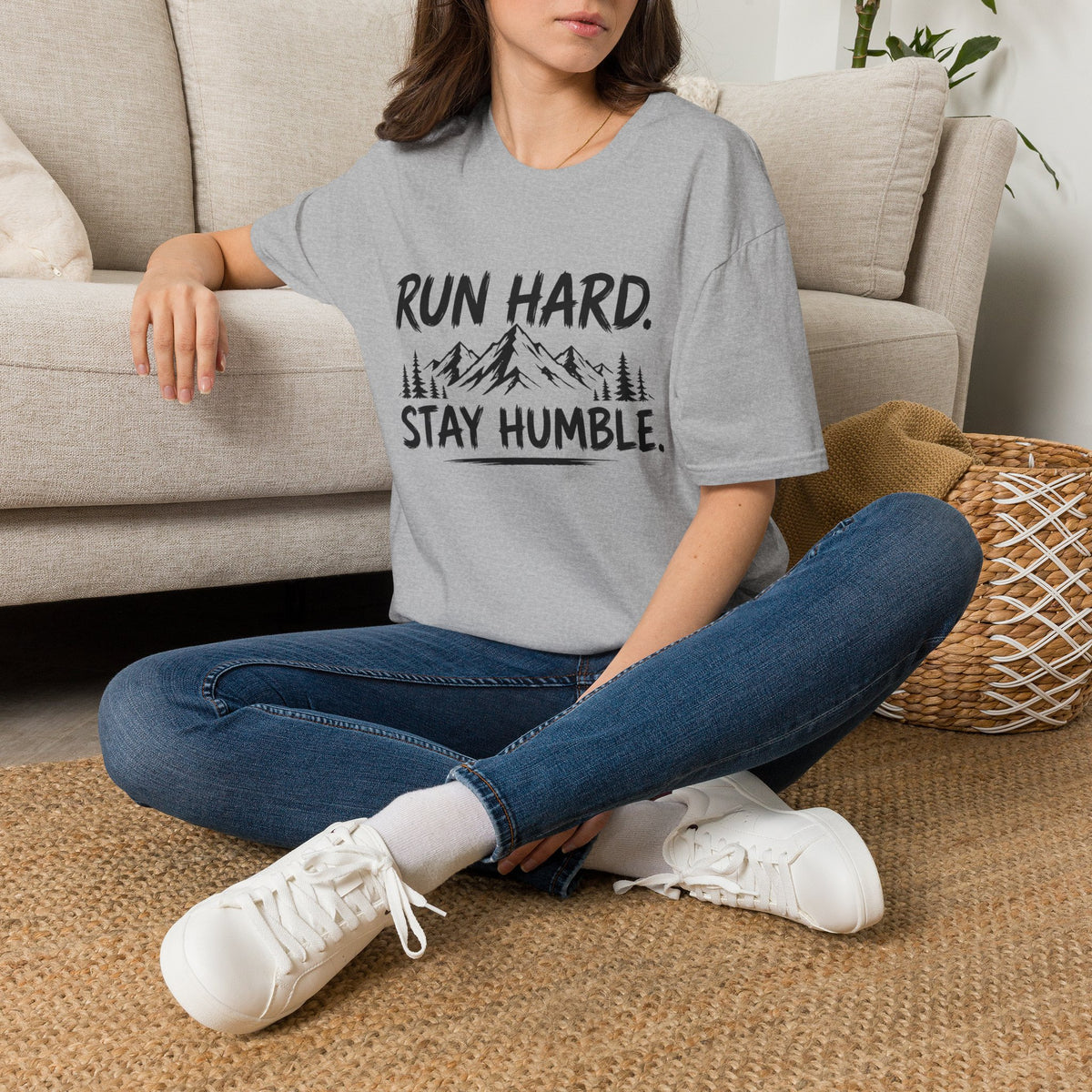 Run Hard Stay Humble Mountain T‑Shirt — Motivational Running Tee