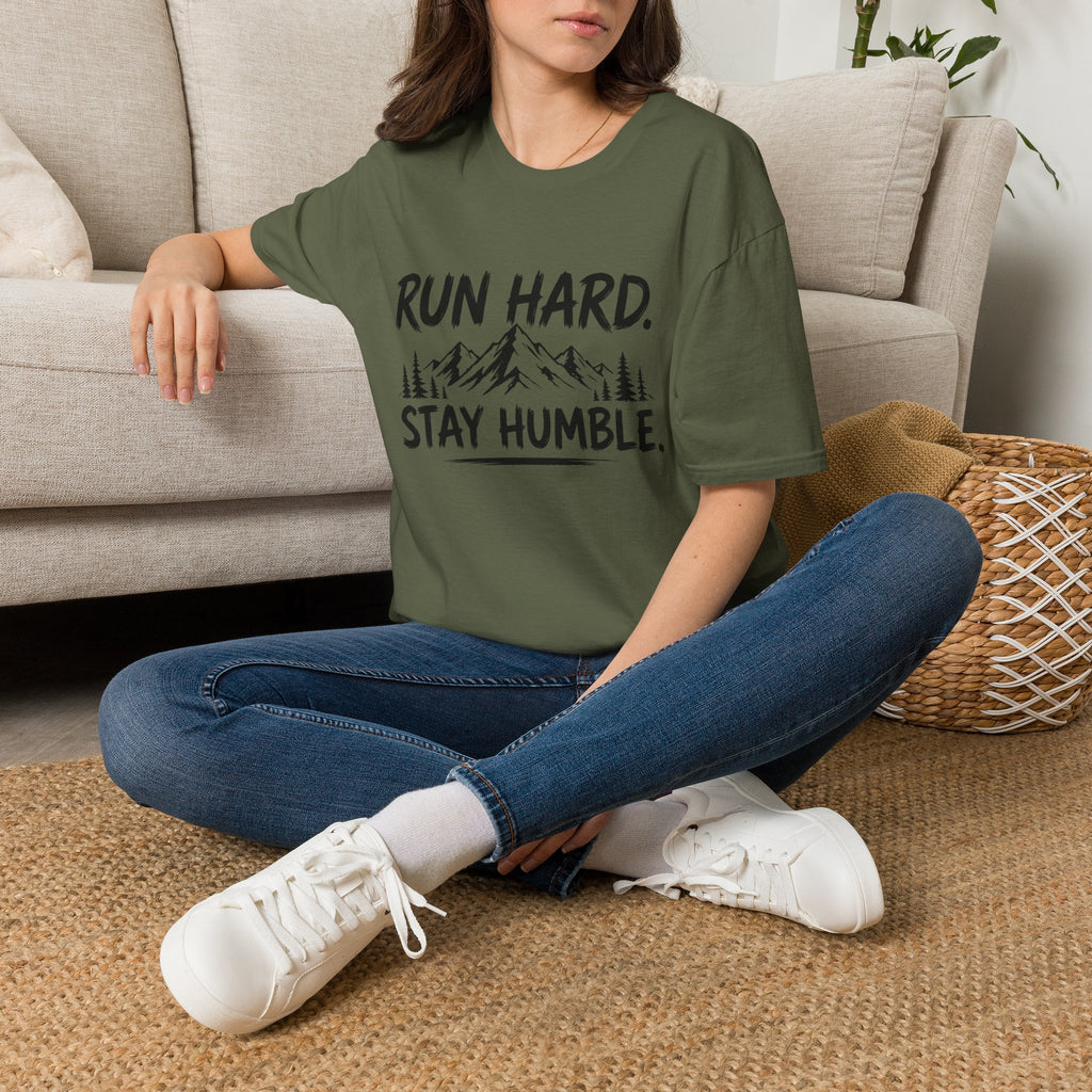 Run Hard Stay Humble Mountain T‑Shirt — Motivational Running Tee