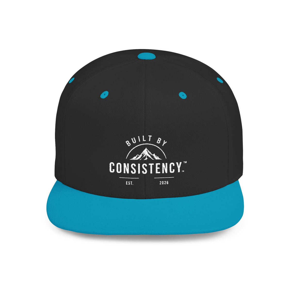 Built by Consistency Flat Bill Snapback Hat — Mountain Logo Adjustable Trucker Cap