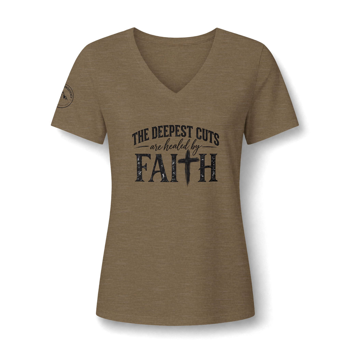 Faith V-Neck Tee – “The Deepest Cuts Are Healed by Faith” Inspirational Women’s Shirt