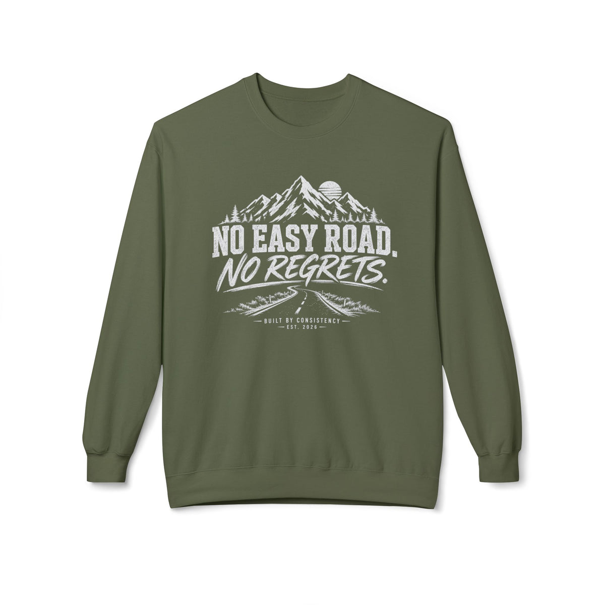 No Easy Road, No Regrets Crewneck Sweatshirt — Mountain Adventure Graphic