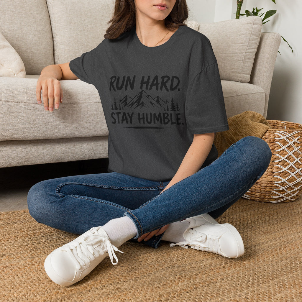Run Hard Stay Humble Mountain T‑Shirt — Motivational Running Tee