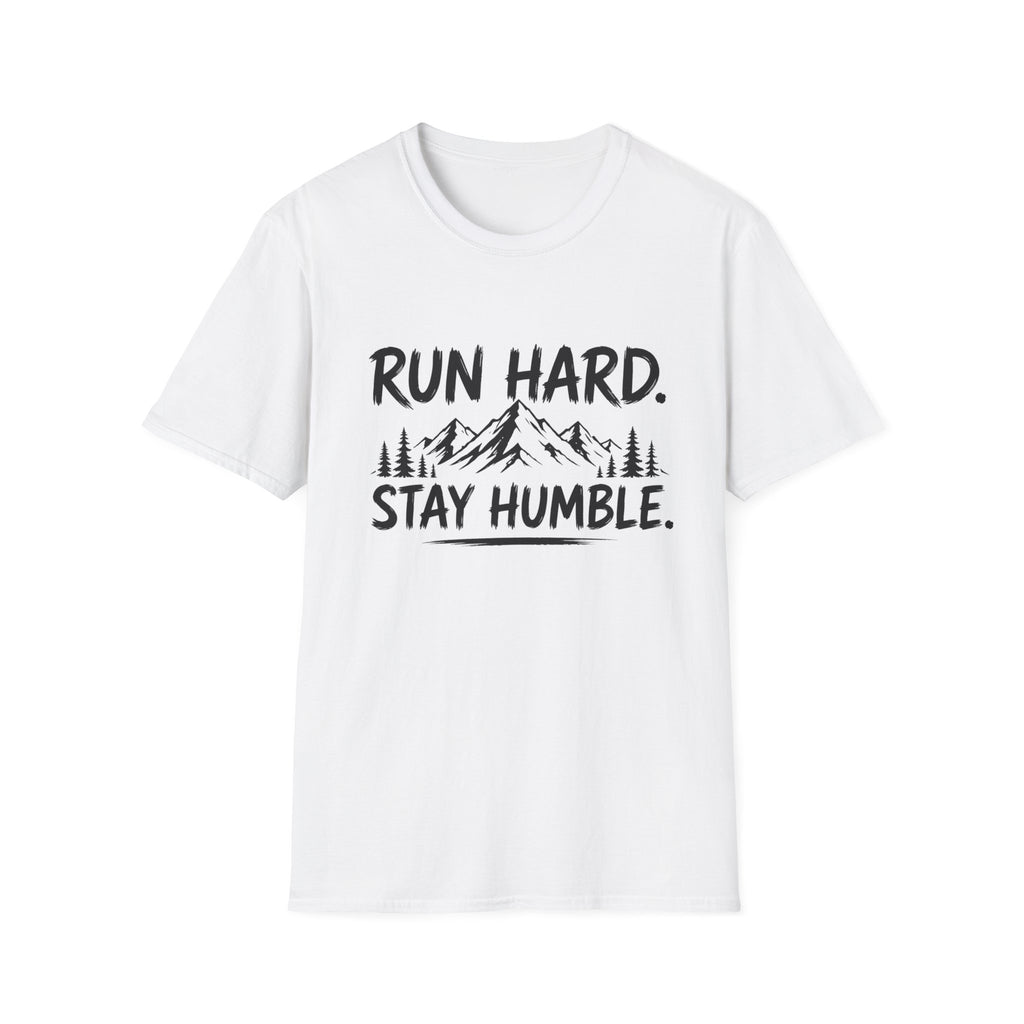 Run Hard Stay Humble Mountain T‑Shirt — Motivational Running Tee