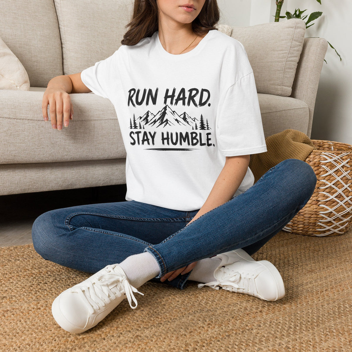 Run Hard Stay Humble Mountain T‑Shirt — Motivational Running Tee