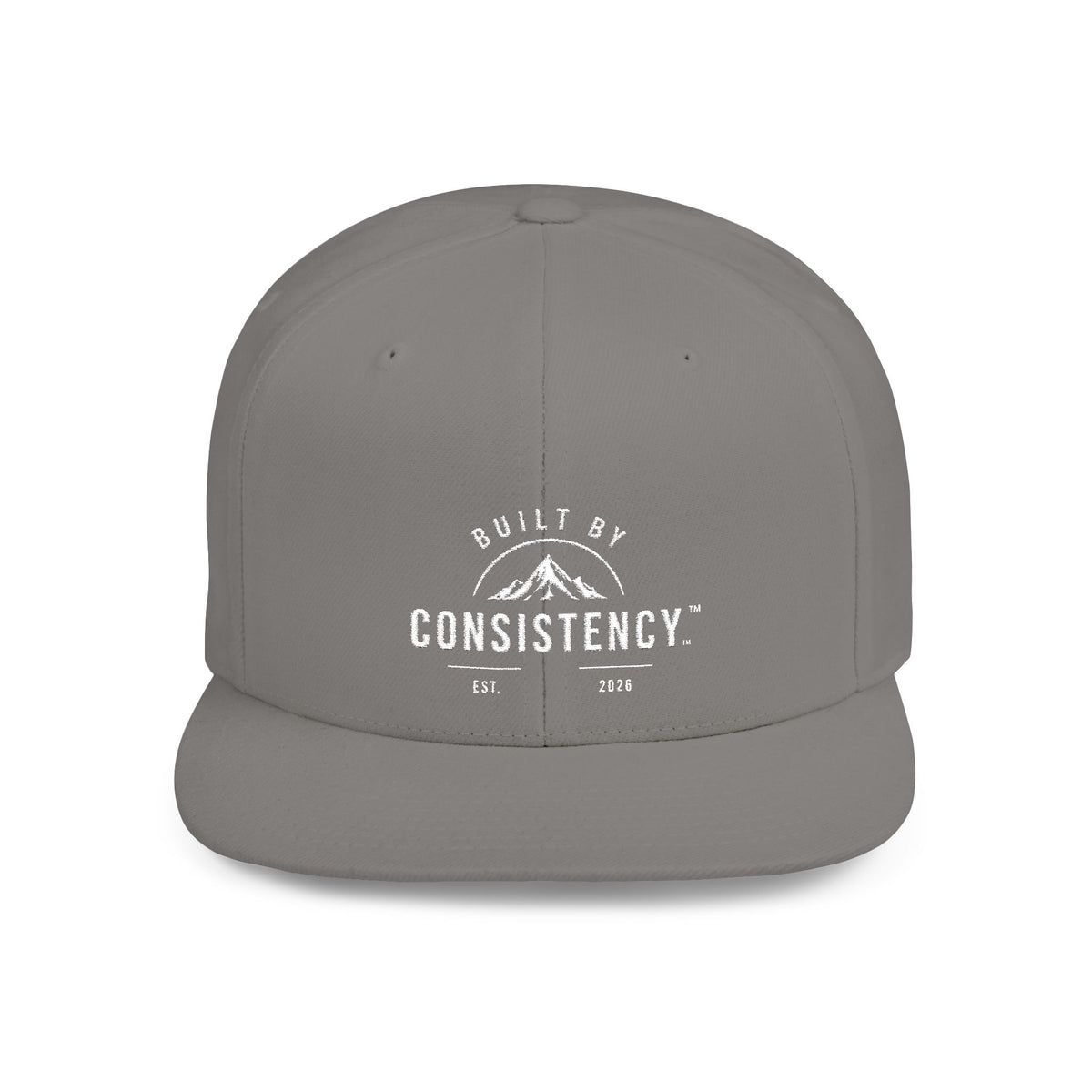 Built by Consistency Flat Bill Snapback Hat — Mountain Logo Adjustable Trucker Cap