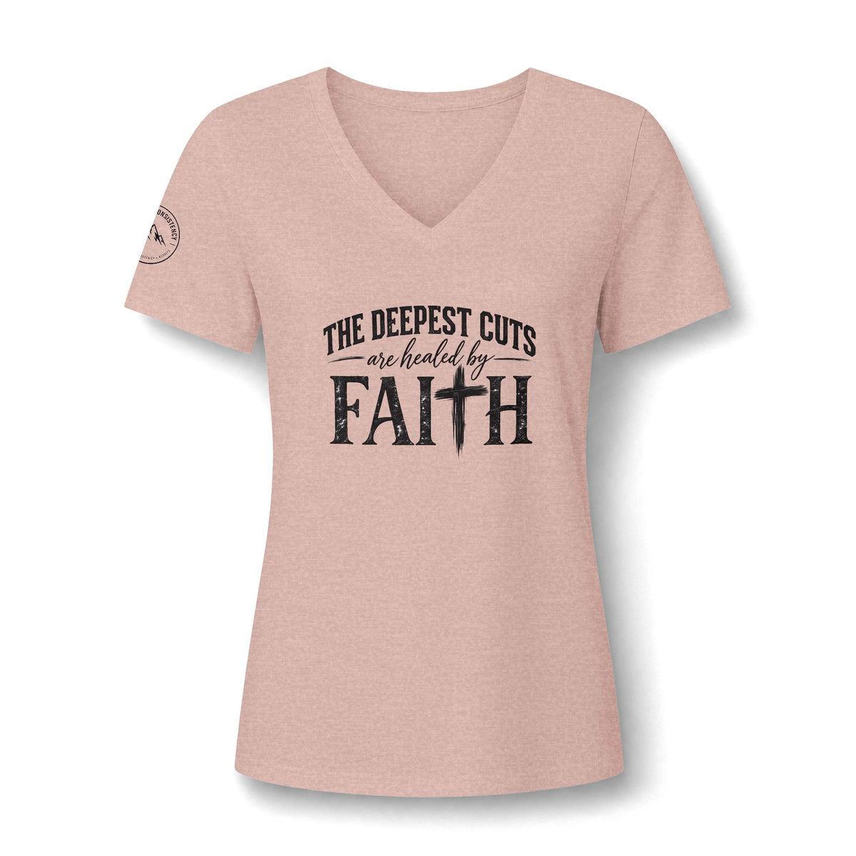 Faith V-Neck Tee – “The Deepest Cuts Are Healed by Faith” Inspirational Women’s Shirt