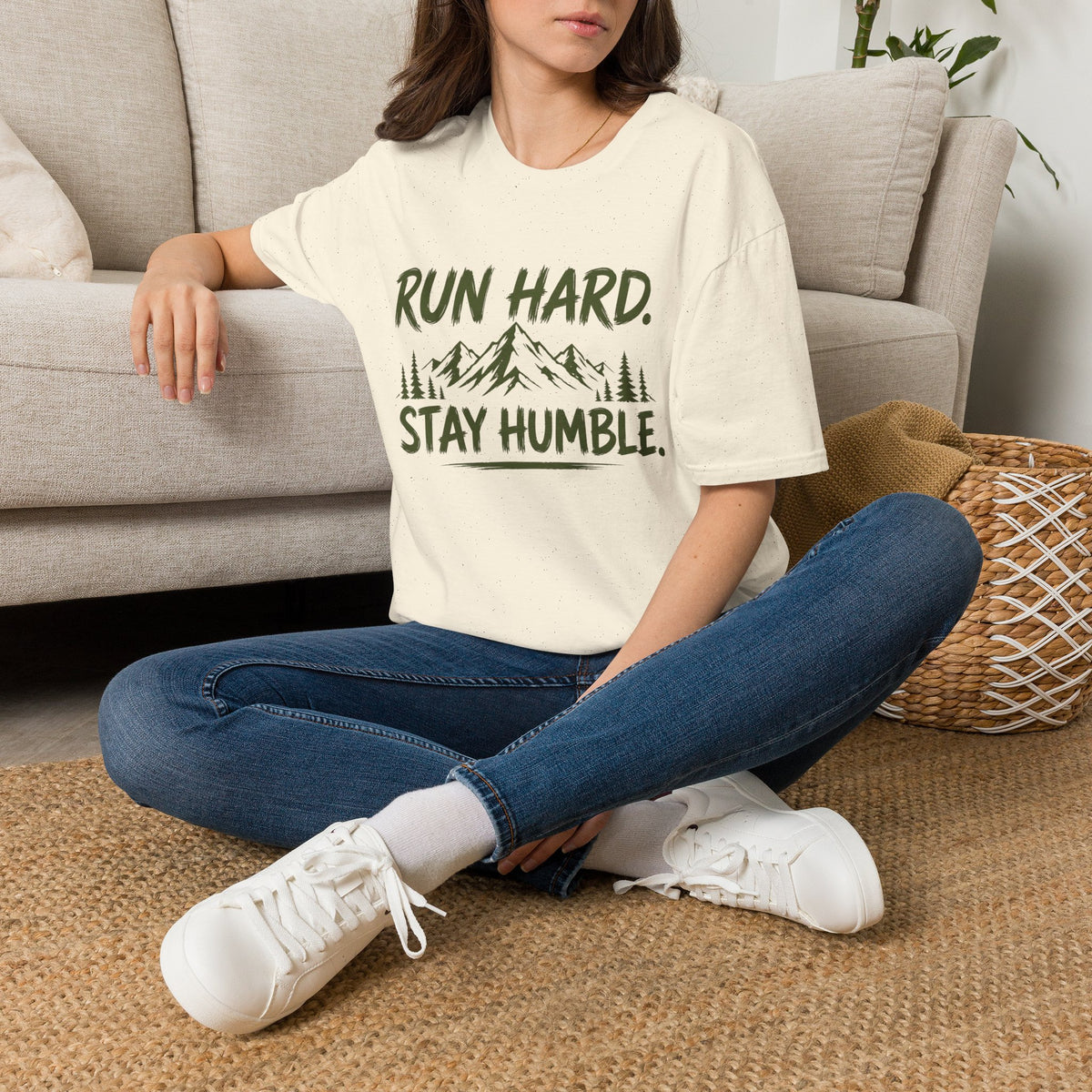 Run Hard Stay Humble Mountain T‑Shirt — Motivational Running Tee