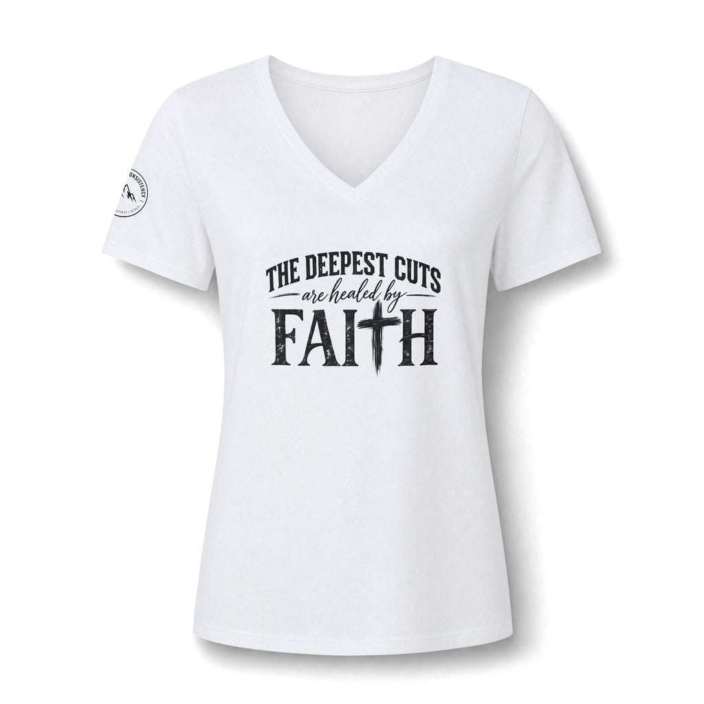Faith V-Neck Tee – “The Deepest Cuts Are Healed by Faith” Inspirational Women’s Shirt