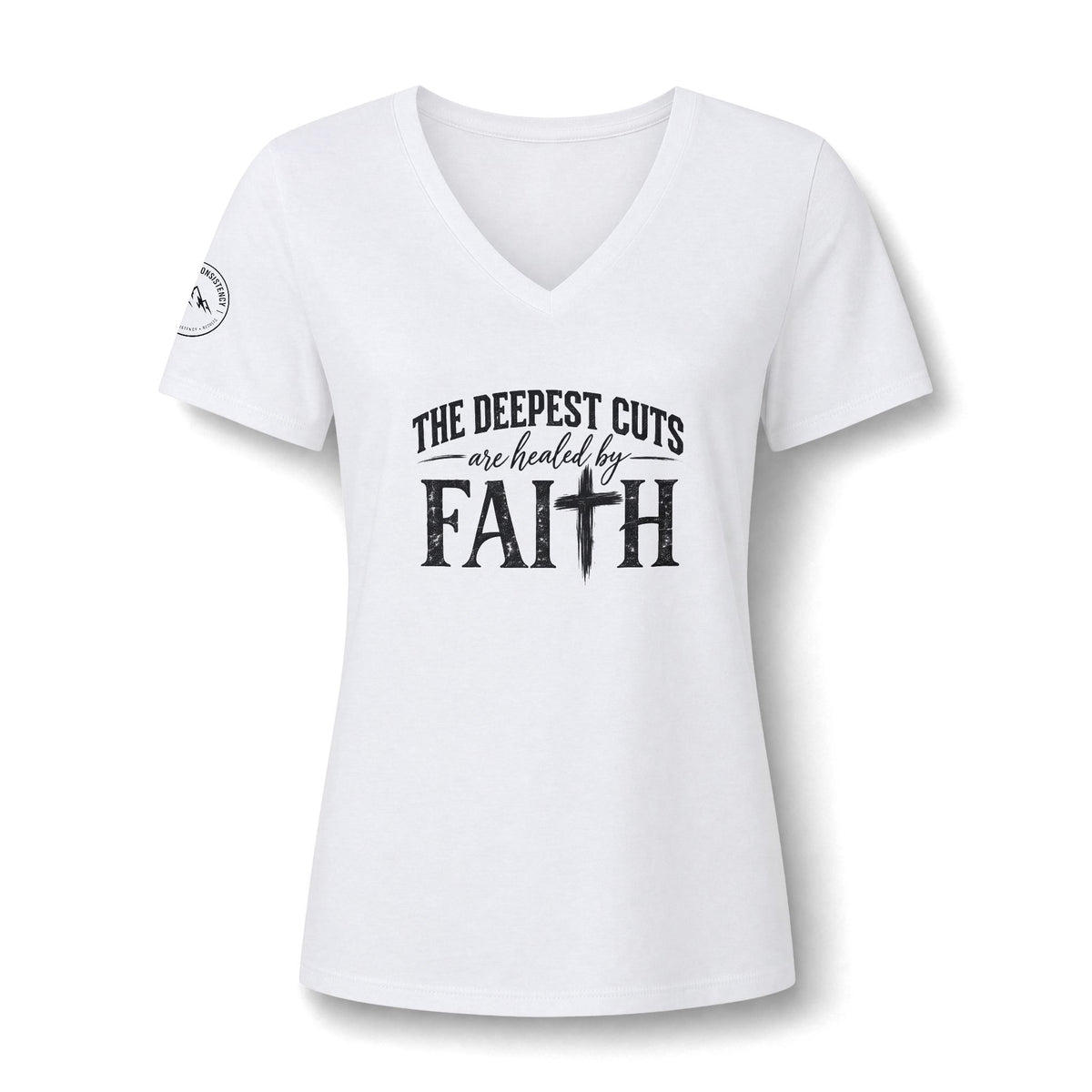 Faith V-Neck Tee – “The Deepest Cuts Are Healed by Faith” Inspirational Women’s Shirt